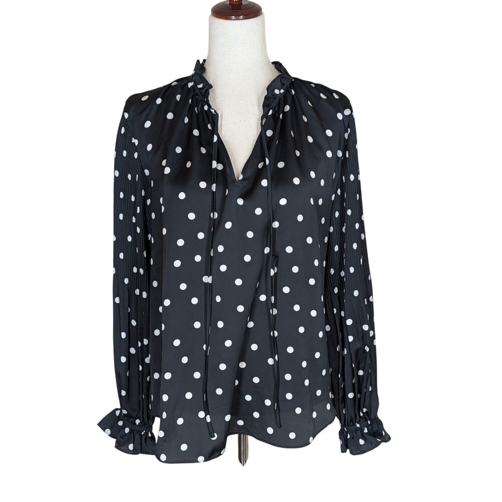 Ann Taylor Women's Black White Long Ruffle Sleeve Polka Dot Blouse Sheer Size XL